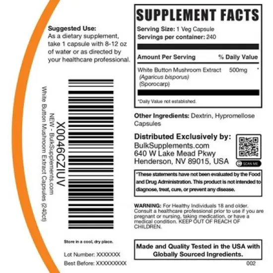 BulkSupplements White Button Mushroom Extract Capsules image {6}
