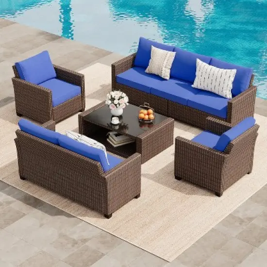 5-Piece Patio Furniture Set &ndash; Outdoor Seating with 7 Seats and Glass Coffee Table, All-Weather Rattan Modular Sofa with Soft Cushions image {5}