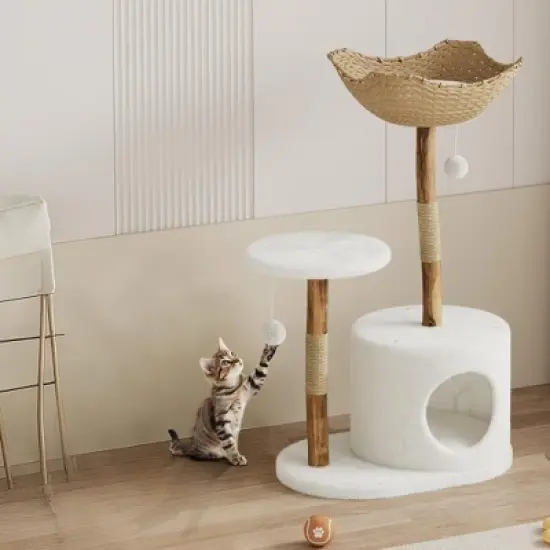 Real Wood Modern Cat Tree Tower, Cat Scratching Post w/Bed for Indoor Cats w/Natural Wicker Condo,Aesthetic Tree Stand,Boho Pet Furniture image {1}