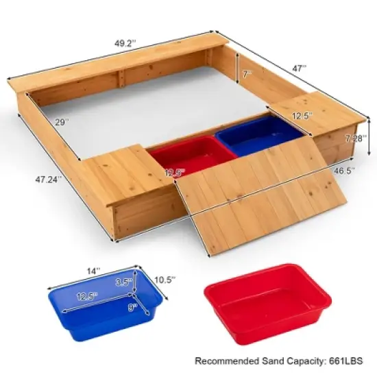 Costway Kids Wooden Sandbox w/ Bench Seats & Storage Boxes  Children Outdoor Playset image {8}