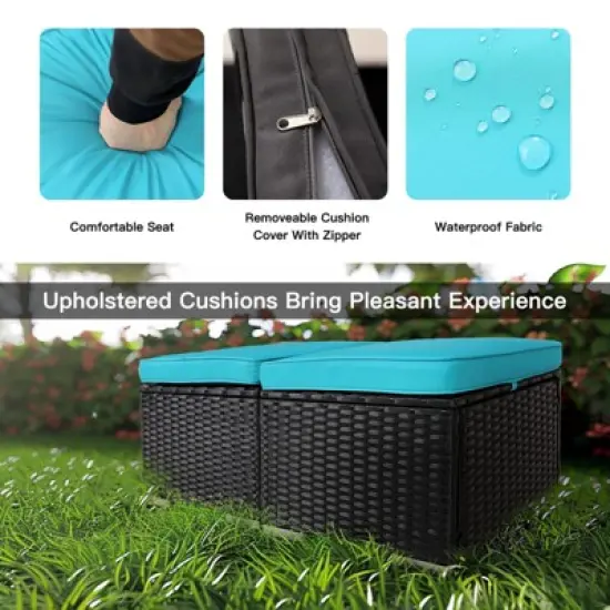 FIONECA All-Weather Outdoor Ottoman with Storage &uml;C PE Wicker Patio Footstool, Blue image {3}