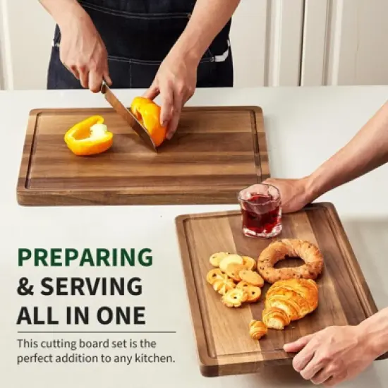 Large Natural Acacia Wood Cutting Board, 18"x12" Reversible Butcher Block with Deep Juice Groove & Side Handles, Durable Multipurpose Chopping Board image {5}