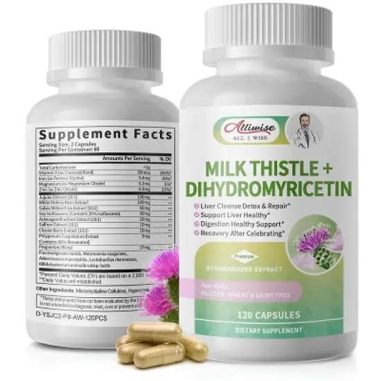 Alliwise Milk Thistle Capsules - Extra Strength 80% Silymarin Herbal Supplement - Liver Health & Antioxidants - 120 CT image {1}