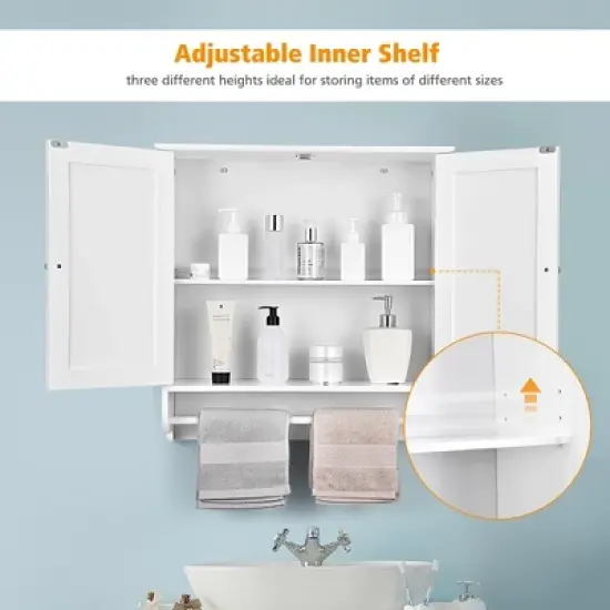 Costway Wall Mounted Bathroom Medicine Cabinet Storage Cupboard with Towel Bar Brown/Grey image {5}