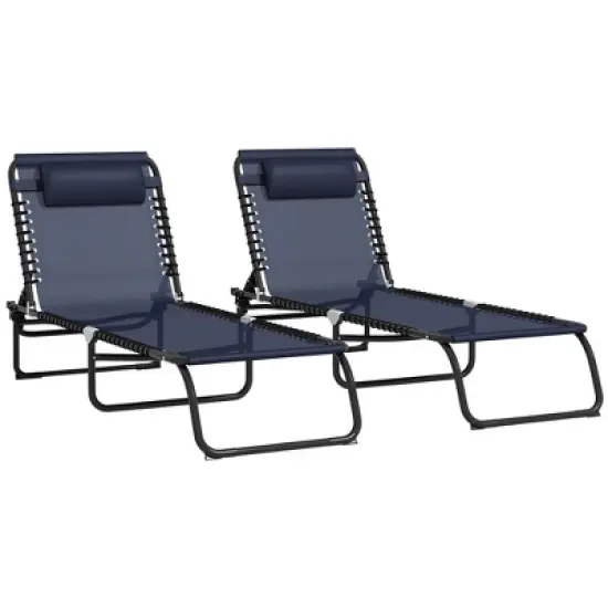 TIRAMISUBEST 2-Pack Folding Chaise Lounge Chairs Set with Adjustable Backrest & Pillow, Breathable Mesh Pool/Beach/Patio Recliners, Dark Blue image {2}