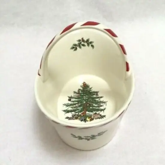 Spode Christmas Tree Candy Basket, 6.5-Inch Candy Bowl with Peppermint Handle, Earthenware Christmas Gift, Festive Holiday Serveware image {4}