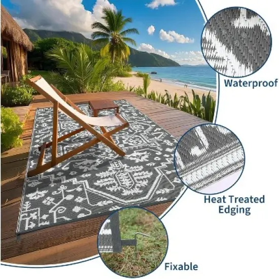 Large Waterproof Outdoor Rug, Reversible Vintage Plastic Straw Patio Mat, Stain-Resistant RV Carpet for Deck, Camping, Balcony, Gray+White 9*18ft image {2}