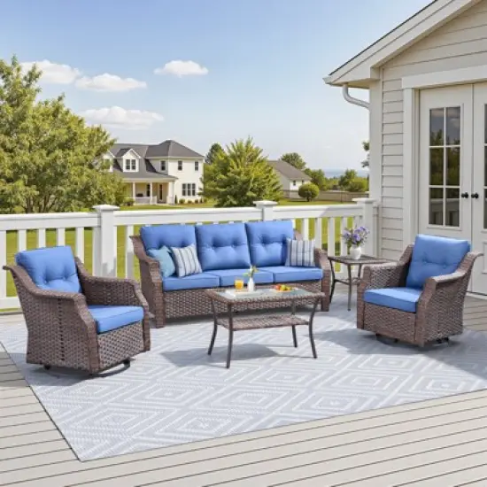 Buenhomino 5-Piece Patio Furniture Set, Outdoor Wicker Sofa with Swivel Chairs and Coffee Table, Rattan Outdoor Conversation Set for Poolside Backyard image {8}