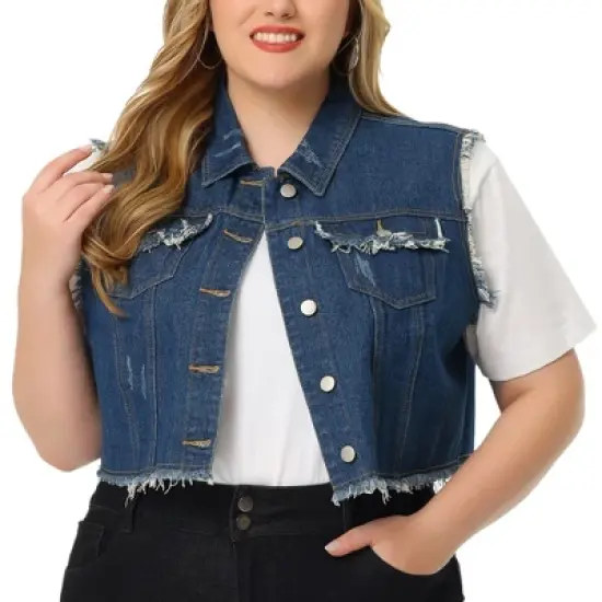 Agnes Orinda Women's Plus Size Jean Raw Hem Button Down Sleeveless Crop Denim Vest image {1}