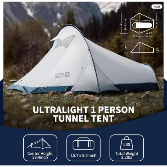 Naturehike Jims Gear Ultralight Backpacking Tent, 1-2 Person Tunnel Tent with Vestibule, Waterproof and Windproof for High-Altitude Camping image {1}