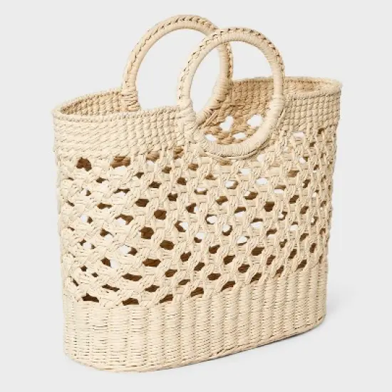 Straw Circle Handle Tote Handbag - A New Day&trade; Ivory: Woven Structured Bag, Paper Straw Material image {2}
