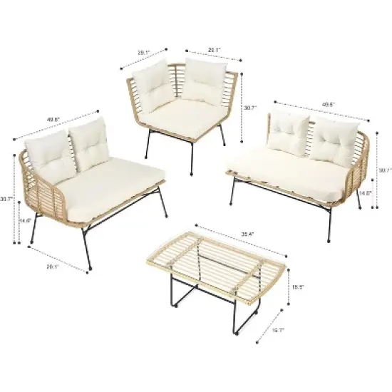 4-Piece PE Rattan Patio Set w/ Loveseat, Sofa & Coffee Table - Outdoor Conversation Set for Backyard image {8}