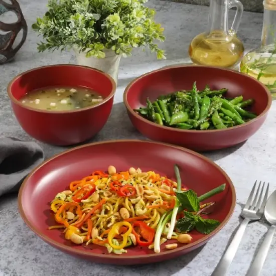 Gibson Home Rockabye 12 Piece Double Bowl Malemine Dinnerware Set in Red image {2}