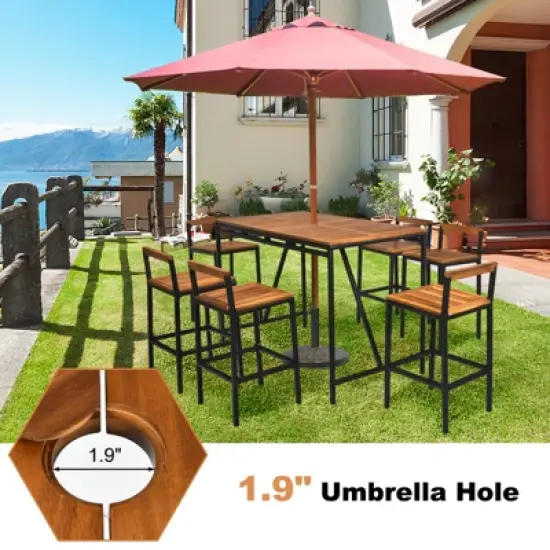 Tangkula 7PCS Patio Rattan Bar Set with Umbrella Hole Wood High-Dining Bistro Set with 6 Bar Stools for Poolside&Garden image {4}