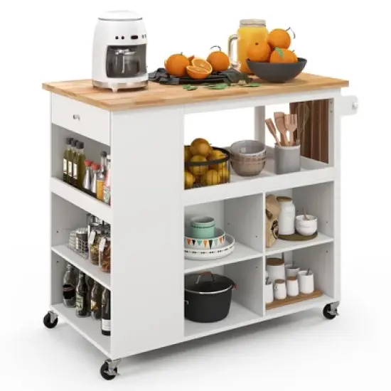Costway Kitchen Island Trolley Cart on Wheels with Storage Open Shelves & Drawer White/Brown image {10}