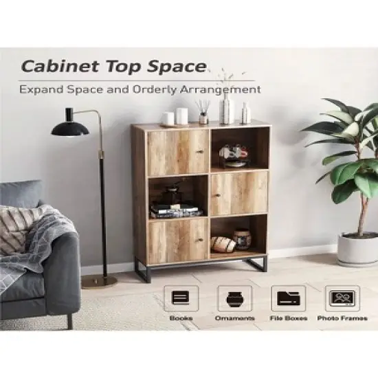 Year Color 3 Tier Free-Standing Modern Open Brown Wood Narrow Bookcase With Doors, Legs And 2X3 Cube Storage Organizer For Office or Library image {3}