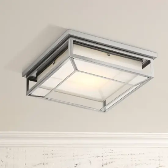 Possini Euro Design Radcliffe Modern Flush Mount Outdoor Ceiling Light Matte Nickel LED 4" Frosted Bonded Glass Damp Rated for Post Exterior Barn Deck image {1}