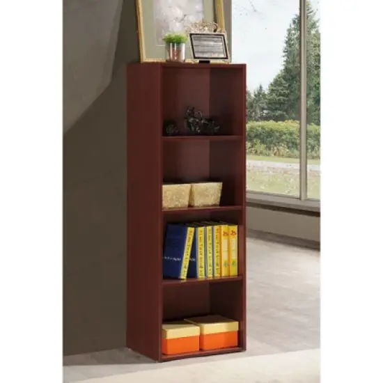 Hodedah Import 12 D x 16 W x 47 H Inch 4 Shelf Bookcase Storage Organizer Solution for Living Room, Bedroom, or Office, Mahogany Wood Finish image {2}