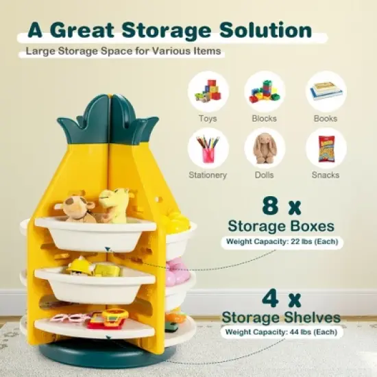 Costway Kids Toy Storage Organizer 360&deg; Revolving Pineapple Shelf w/Plastic Bins image {5}