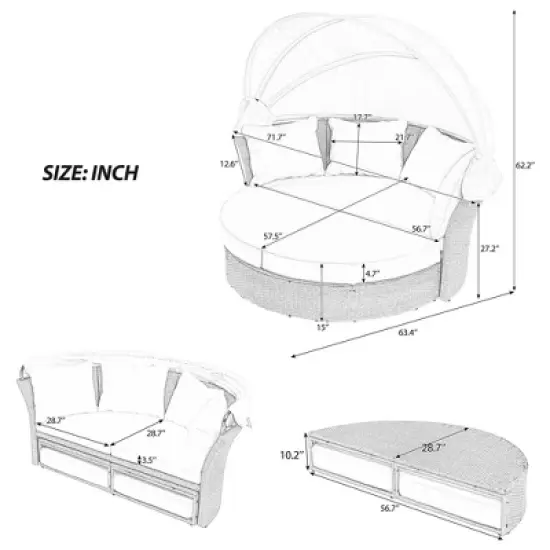 FIONECA Outdoor Patio Wicker Rattan Round Double Daybed with Retractable Canopy & 4 Pillows, Grey image {6}