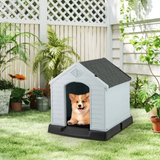 Costway Enduring Waterproof Plastic Dog House w/Sloping Roofs Indoor Outdoor Dog House Gray image {3}