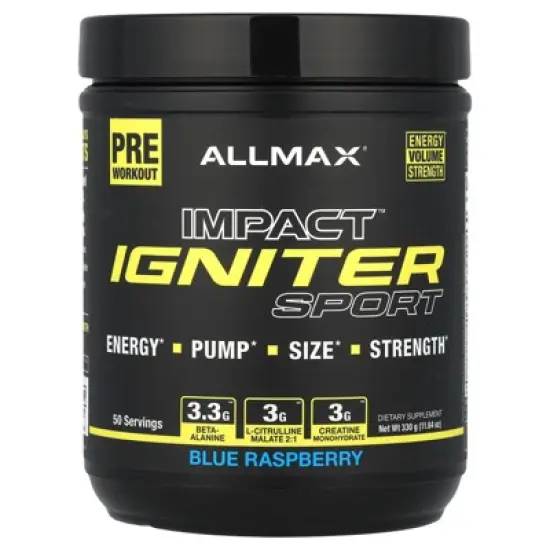 ALLMAX Impact&trade; Igniter Sport, Pre Workout, Blue Raspberry, 11.64 oz (330 g) image {4}