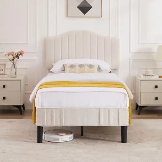 VECELO Bed Frame, Upholstered Platform Bed with Soft Teddy Fabric Adjustable Headboard, Beige/Gray image {5}