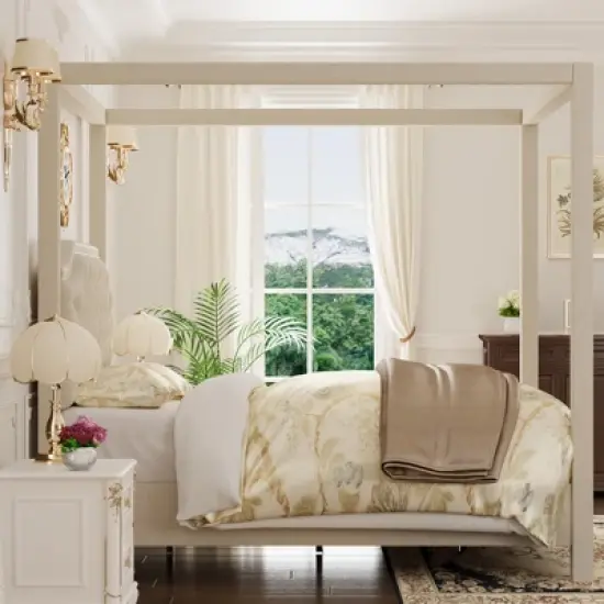 Upholstered Canopy Bed Frame Full Size with Headboard, Button Tufted, Nailhead Trim Design, No Box Spring Required image {2}