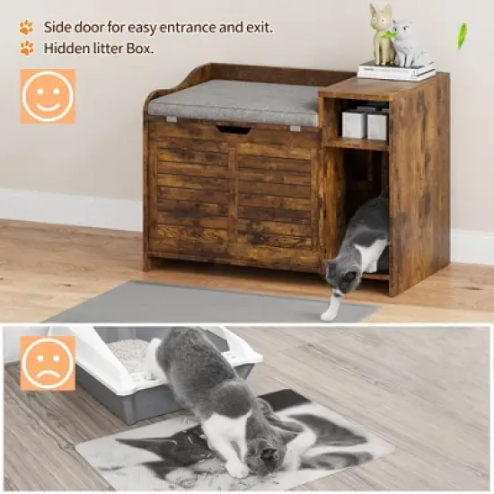 COZONY Cat Litter Box Enclosure Furniture with Flip Top, Hidden Kitty Washroom Bench with Cushion & Air Vents, Entryway Shoe Cabinet Cat House image {4}