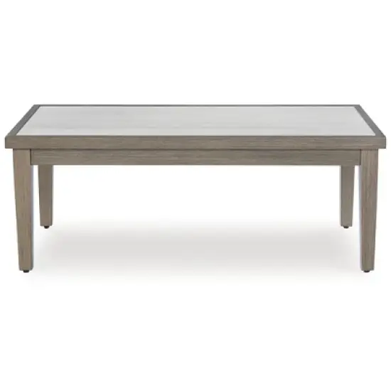 Signature Design by Ashley Rainier Ranch Outdoor Coffee Table - Weather-Resistant Aluminum with Sintered Stone Top, Brown/Beige image {2}