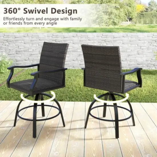 Tangkula 3 PCS PE Wicker Patio Swivel Bar Set Table & Chairs w/ Quick-Drying Foam image {2}