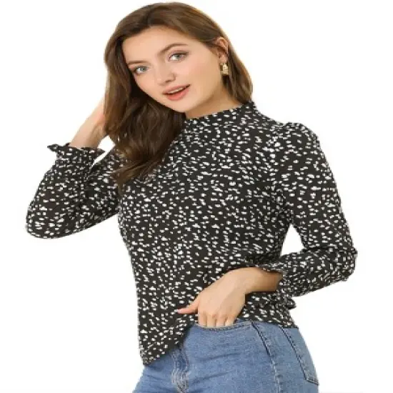 Allegra K Women's Smocked Cuffs Top Puff Sleeve Ruffled Neck Vintage Printed Blouses image {10}