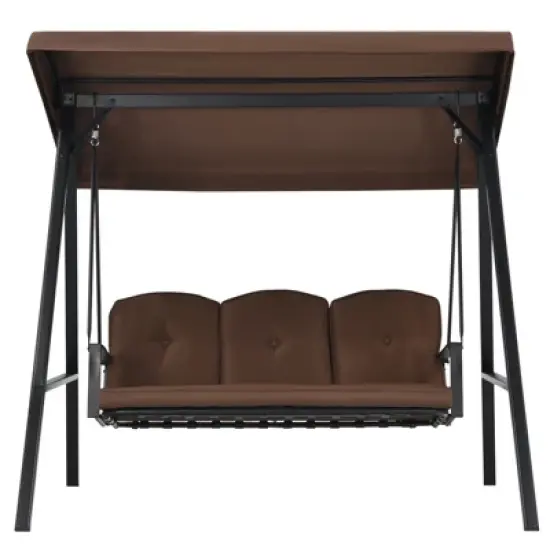 Tangkula 3-Person Patio Swing Seat Outdoor Porch Swing All Weather Hammock w/Adjustable Canopy & Cushions Brown/Gray image {4}