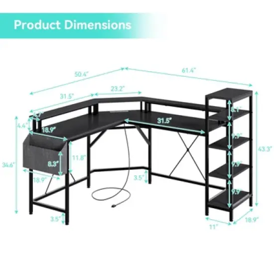L Shaped Gaming Desk with Power Outlet & Led Lights, L-Shaped Corner Computer Desks Gaming Desk image {2}