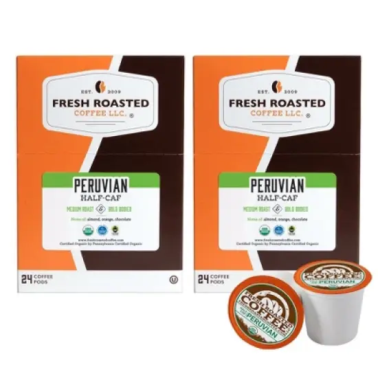 Fresh Roasted Coffee - 48 CT Organic Peruvian Water-Processed Half Caf Medium Roast Single Serve Pods image {10}