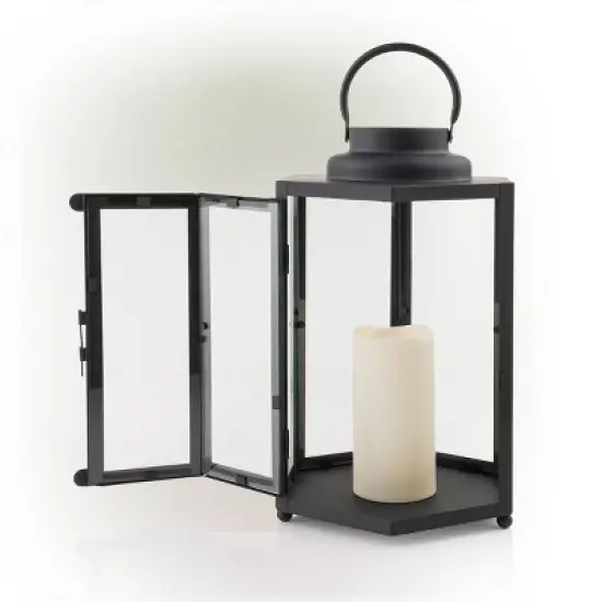 14" Hexagonal Candlelit Iron Lantern with LED Lights Black/White - Alpine Corporation image {4}