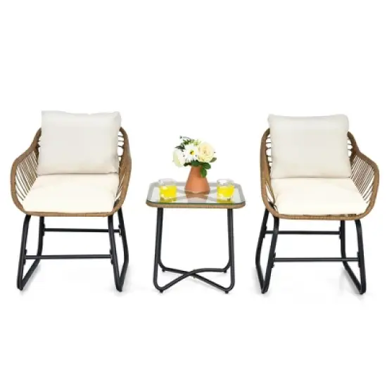 Costway 3PCS Patio Rattan Bistro Set All-Weather Cushioned Chair Table White image {4}