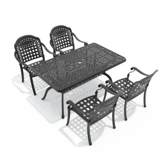 5-Piece Cast Aluminum Outdoor Dining Set: Rectangle Table, Stackable Chairs & Blue Cushions - All-Weather Patio Furniture for Your Backyard image {2}