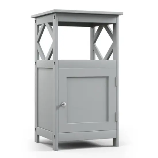 Costway Bathroom Floor Cabinet Side Storage Organizer with Open Shelf & Single Door Grey/White image {9}