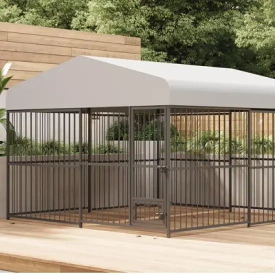 4X4x6FT Large Outdoor Dog Kennel, Heavy Duty Metal Dog Cage with Waterproof Roof, Rotating Feeding Bowl and Lock, for All Dog Breeds image {8}
