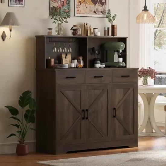 Farmhouse Sideboard Buffet Cabinet with Microwave Stand &ndash; Barn Doors, Drawers & Shelves image {8}