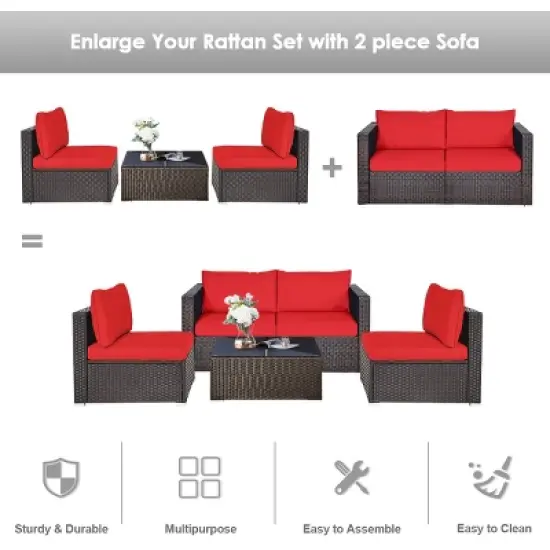 Tangkula 4PCS Rattan Corner Sofa Set Patio Outdoor Furniture Set w/ Red Cushions image {6}