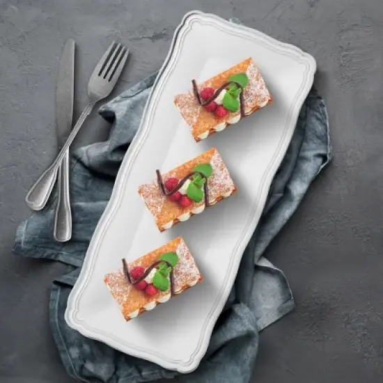 Posh Setting 13.75 X 6 Inch Rectangle White and Silver Rim Plastic Serving Tray - 6 Pack image {1}