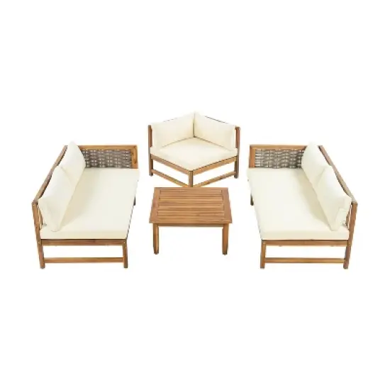 Christopher Knight Home Dorell Outdoor Acacia Wood and Wicker 5 Seater Sectional Sofa Set with Water-Resistant Cushions image {3}