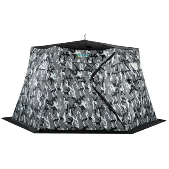 Outsunny 4 Person Insulated Ice Fishing Shelter 360-Degree View, Pop-Up Portable Ice Fishing Tent with Carry Bag, Two Doors and Anchors, Camouflage image {3}