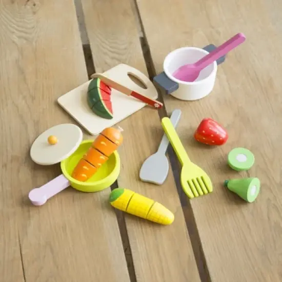 HearthSong 12-Piece Painted Wooden Culinary Play Set with Fruits, Vegetables, and Utensils image {1}