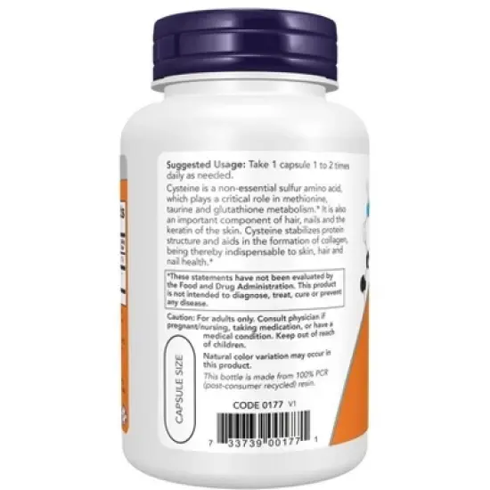 L-Cysteine-500 mg by Now Foods  -  90 Vegetarian Capsules image {2}