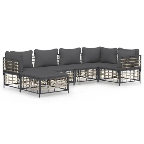 vidaXL Anthracite Outdoor Patio Lounge Set - 6 Pieces, Weather-Resistant Poly Rattan, Powder-Coated Steel Frame with Comfortable Cushions image {9}