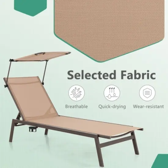 Costway 2 PCS Outdoor Chaise Lounge Chair with Sunshade 6-Level Adjustable Recliner image {6}