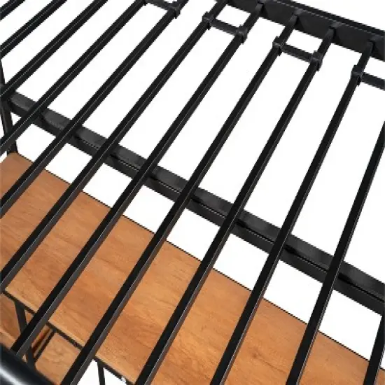 Metal Twin Size Low Loft Bed With Storage Shelf And Table, Black - ModernLuxe image {9}